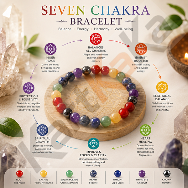 Seven Chakra Crystal Bracelet – 8 MM (Enhanced Meditation & Focus)