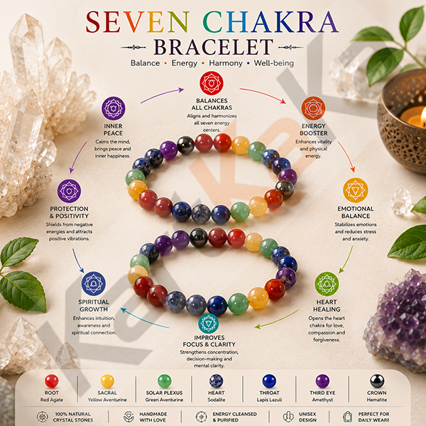 Seven Chakra Crystal Bracelet – 8 MM (Enhanced Meditation & Focus)