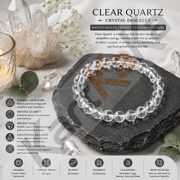 Clear Quartz Crystal Bracelet – 8 MM (Clarity & Focus)